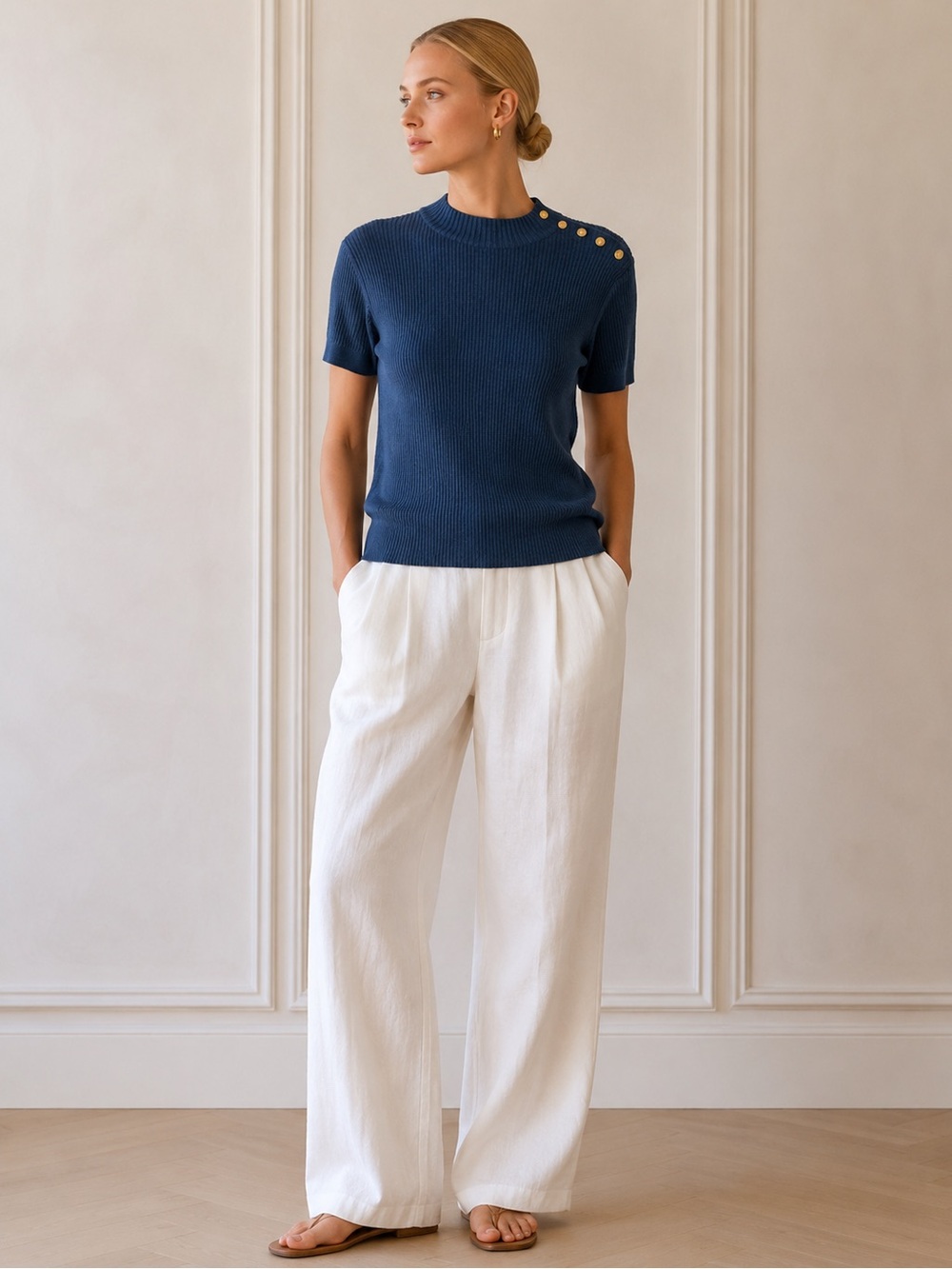 Tory Burch Ribbed Crewneck Short Sleeve Sweater 100% Merino Wool Luxury.  3